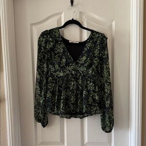 Miami Leaf Patterned Black and Green Blouse